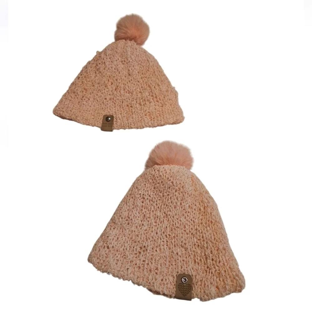 Hand Crafted Crochet pom pom beanie pink Paper Lace 73% Nylon 27% polyester soft